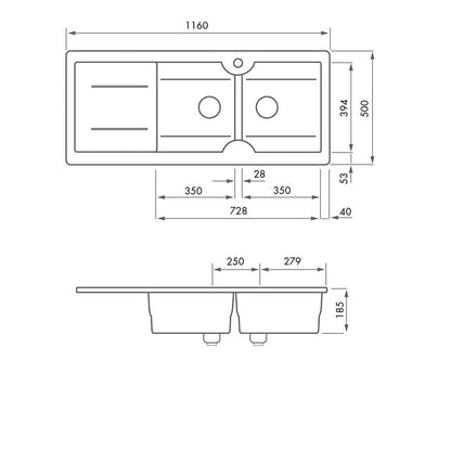 Cuisine 116 x 50 Double Bowl Sink with drainer - no tap hole