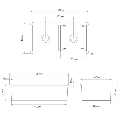 Cuisine 85 x 46 Inset / Undermount Fine Fireclay Sink  - Matte Black
