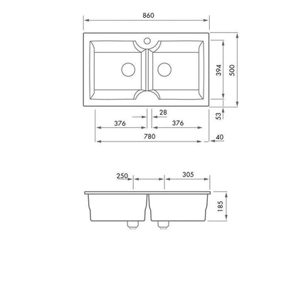 Cuisine 86 x 50 Double Bowl Sink with Tap hole