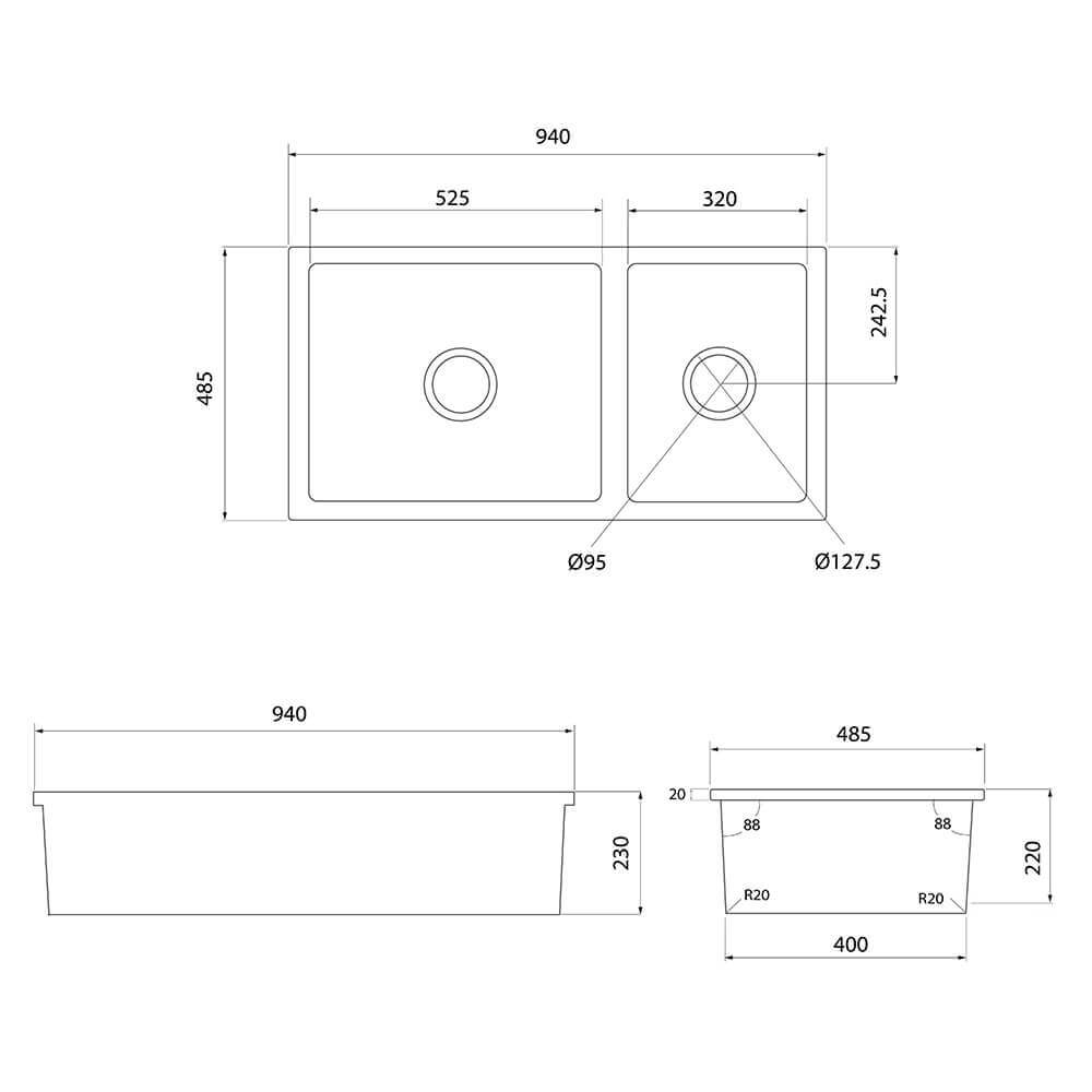 Cuisine 93 x 48 1 and 1/2 Bowl Inset / Undermount Fine Fireclay Matte Black Sink