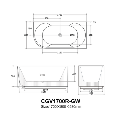 1700mm Capri Fluted Oval Freestanding Right Corner Bathtub - No Overflow - Gloss White