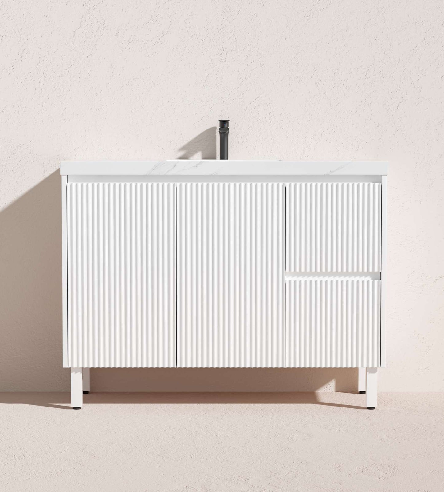 1200mm Brighton Floor Vanity PVC Right Side Drawers - Cabinet Only - Single Bowl - Matte White