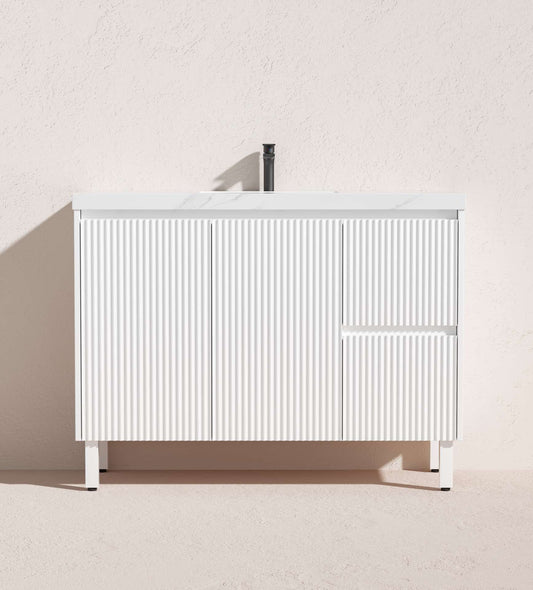 1200mm Brighton Floor Vanity PVC Right Side Drawers - Cabinet Only - Single Bowl - Matte White