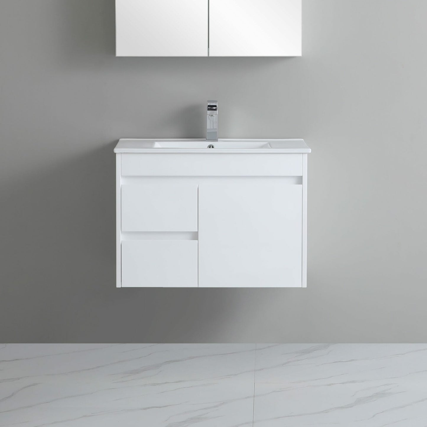 750mm Polar Slim Wall Hung Vanity PVC Left Side Drawers - Cabinet Only - Gloss White