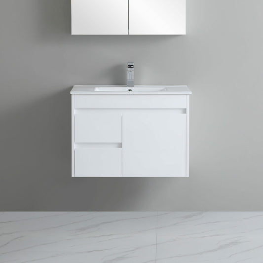 750mm Polar Slim Wall Hung Vanity PVC Left Side Drawers - Cabinet Only - Gloss White