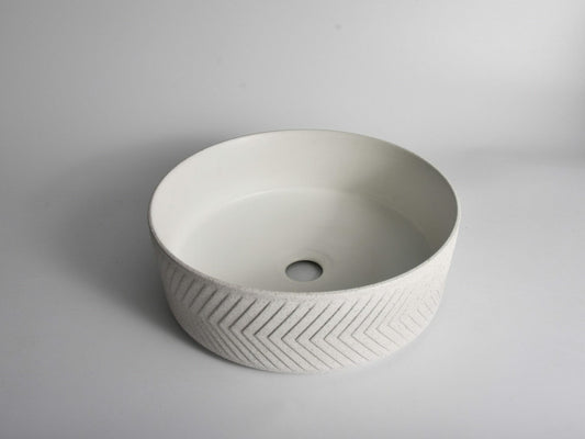 Polar - 360mm Matte White Arrow Round   Textured Exterior Ceramic Above Counter Basin  -  360x360x120mm