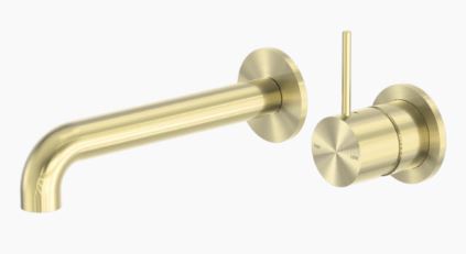 Mecca Wall Basin Mixer Separate Back Plate Handle Up 185mm Spout Brushed Gold