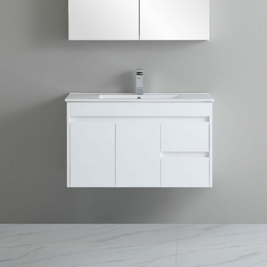 900mm Polar Slim Wall Hung Vanity PVC Right Side Drawers - Cabinet Only - Gloss White