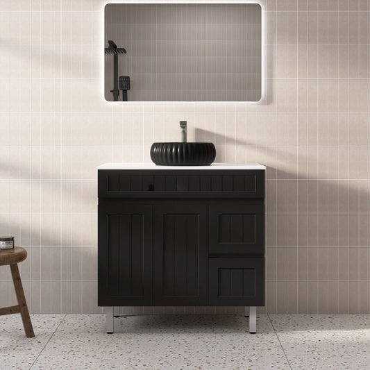 900mm Acacia Floor Vanity PVC Right Side Drawers - Cabinet Only - Matte Black