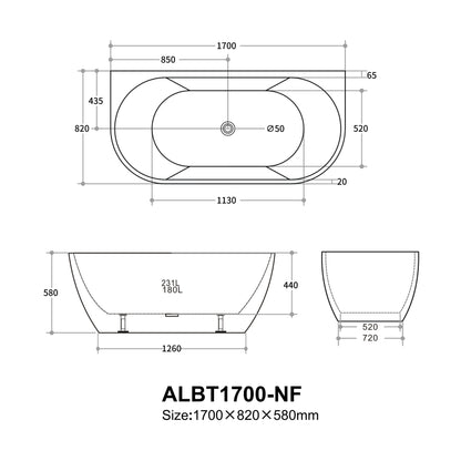1700mm Aria Back to Wall Bathtub - No Overflow - Gloss White