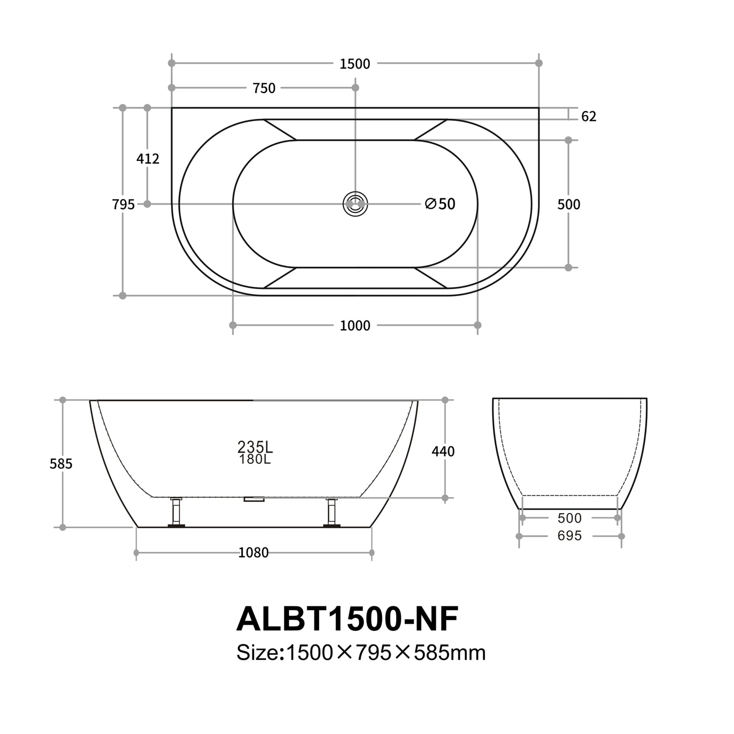 1500mm Aria Back to Wall Bathtub - No Overflow - Gloss White