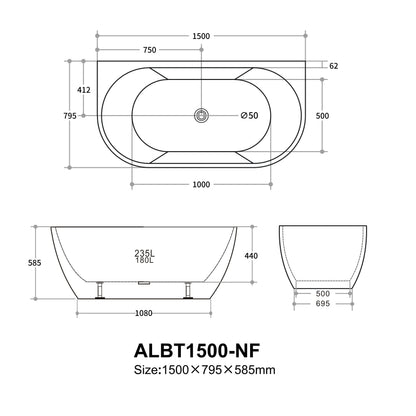1500mm Aria Back to Wall Bathtub - No Overflow - Gloss White