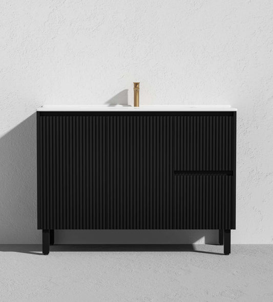 1200mm Brighton Floor Vanity PVC Right Side Drawers - Cabinet Only - Single Bowl - Matte Black