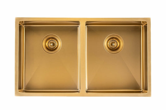 Brushed Gold 1.2mm Handmade   Top/Undermount Double Bowls Kitchen Sink - 820x457x230mm