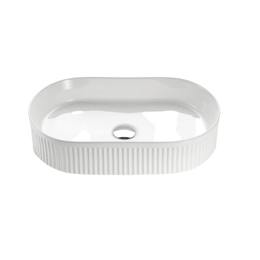 Oval Above Counter Ceramic Basin Ultra Slim - Fluted - Gloss White - 580x360x120mm