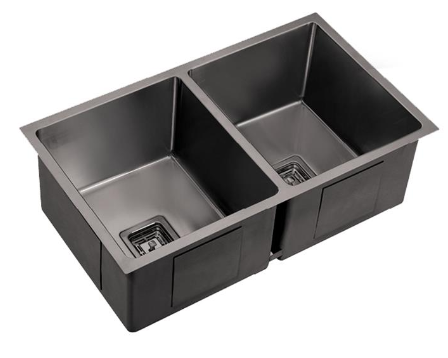 Stainless Steel Kitchen Sink, Double Bowl Size: 775*450*250mm, Bowl Size: 350*350*250mm, Single Bowl, Gun Metal Grey PVD Coating