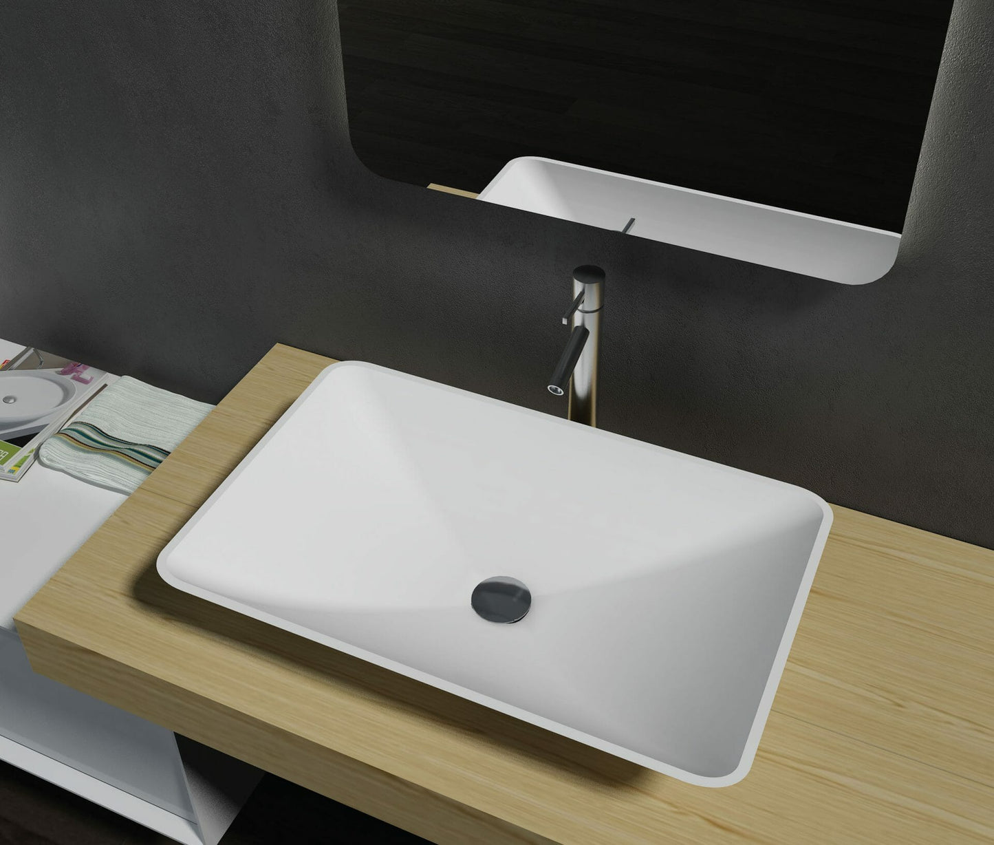Matte White Flat Rectangle Artificial   Stone Basin  -  600x390x120mm