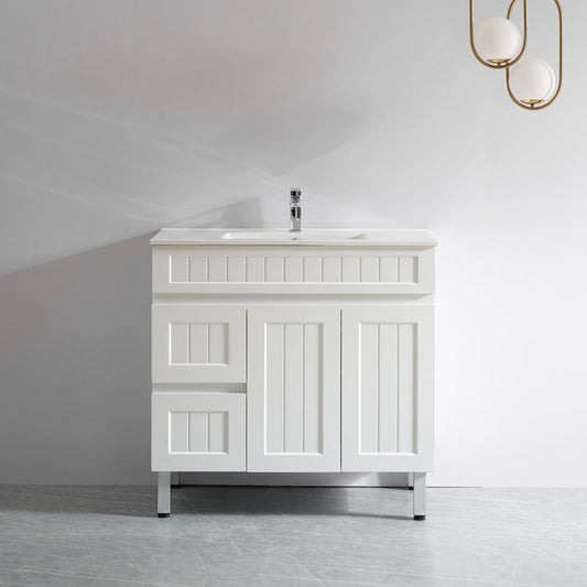 900mm Acacia Floor Vanity PVC Left Side Drawers - Cabinet Only - Matte White