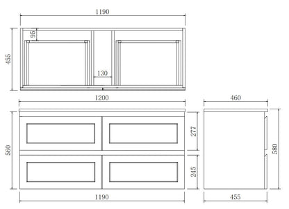 1200mm Fremantal Wall Hung Vanity PVC Left Side Drawers - Cabinet Only - Single Bowl - Matte Grey