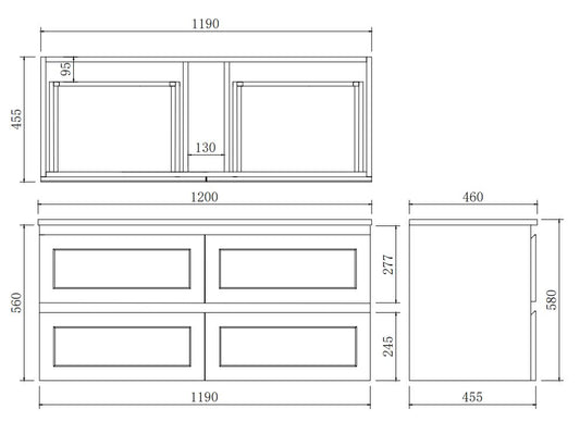 1200mm Fremantal Wall Hung Vanity PVC Left Side Drawers - Cabinet Only - Single Bowl - Matte Grey