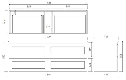 1500mm Fremantal Wall Hung Vanity PVC - Cabinet Only - Single/Double Bowl - Matte White