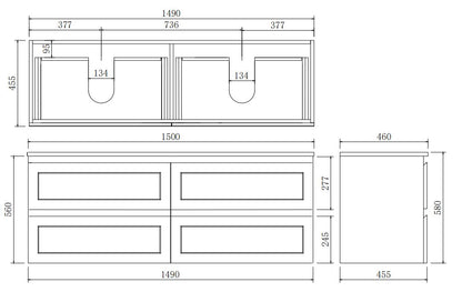 Fremantle Wall Hung Vanity - Four Drawers - Double Bowl - Matt Grey - 1500mm