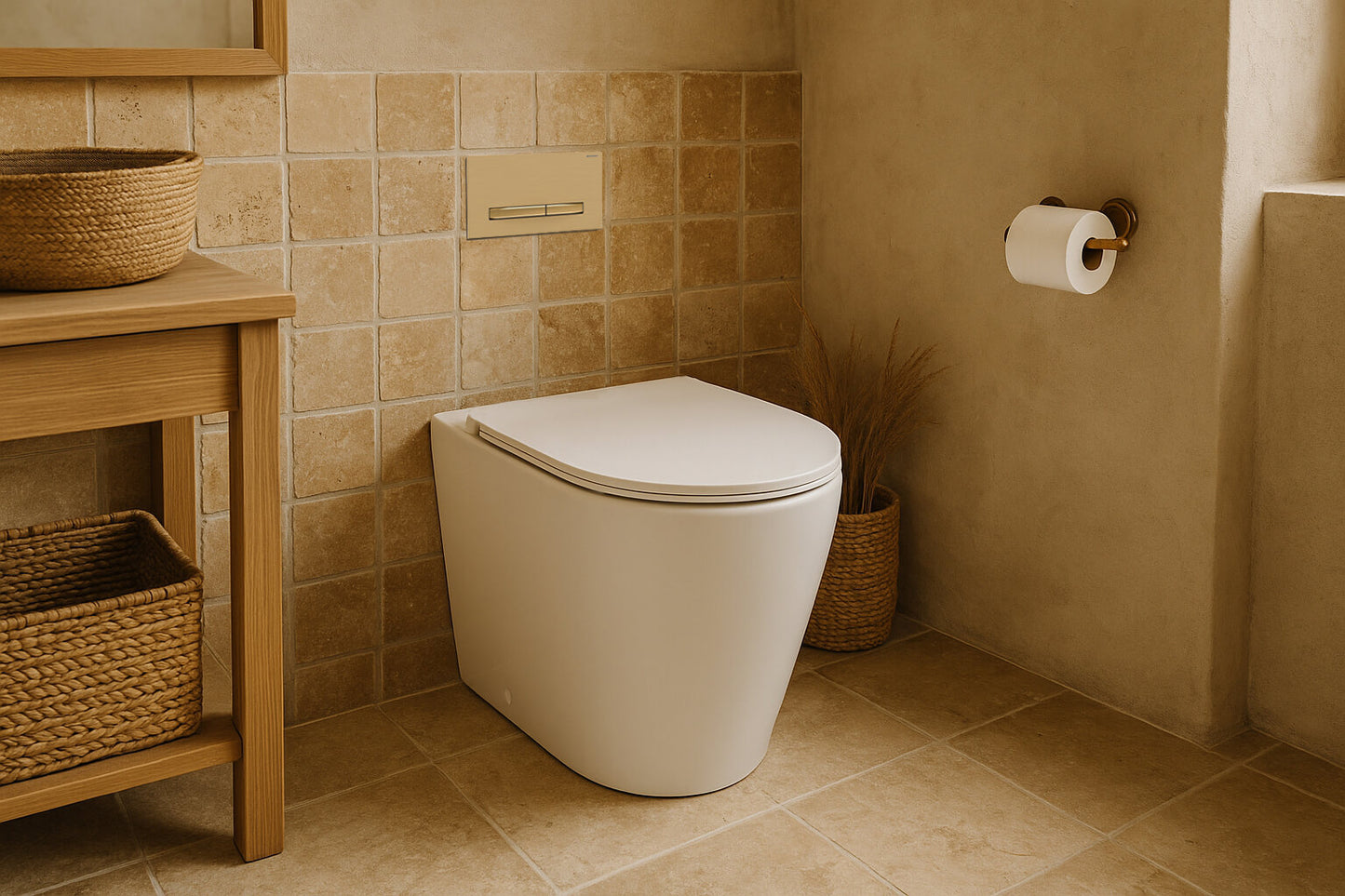 KIT - Fino WhisperFlush Gloss White Floor Pan with thin seat, Inwall Cistern & Brushed Brass Button