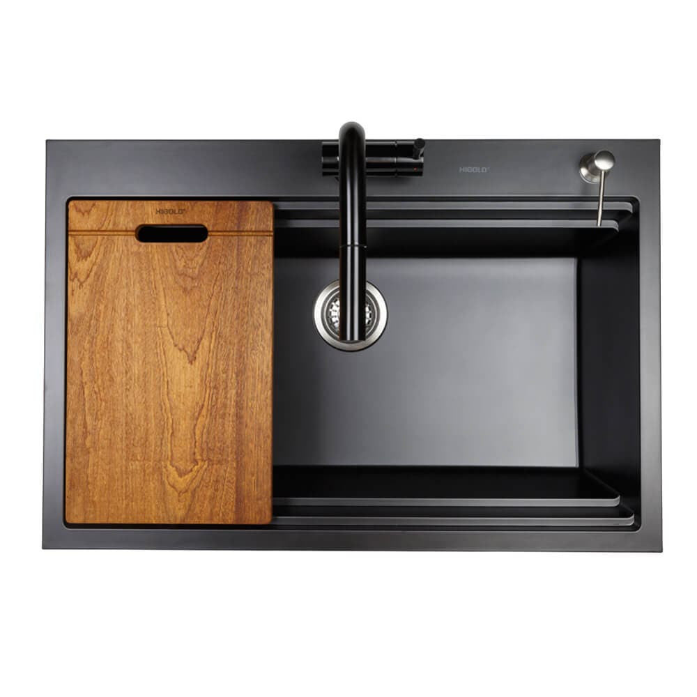 840mm Black Single Bowl Workstation Kitchen Sink with Steps - Granite