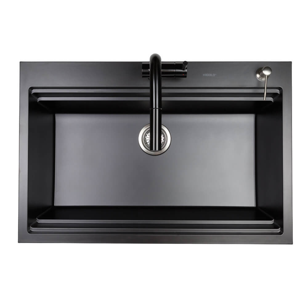 840mm Black Single Bowl Workstation Kitchen Sink with Steps - Granite