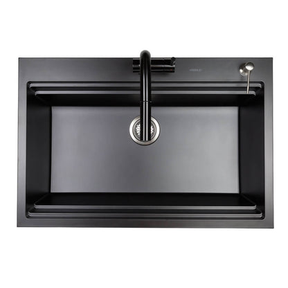 840mm Black Single Bowl Workstation Kitchen Sink with Steps - Granite