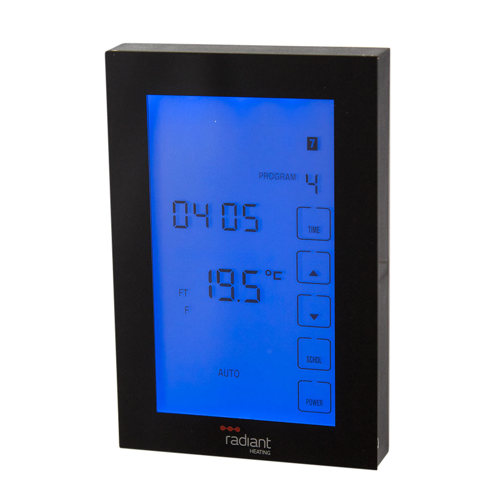 Radiant Glass Fronted touch screen thermostat vertical mounted - black
