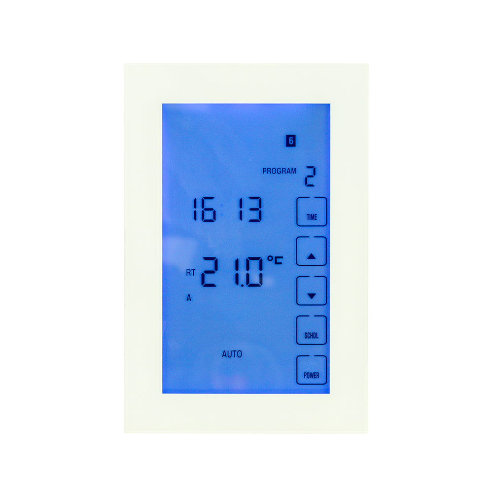 Radiant Glass Fronted touch screen WIFI thermostat horizontal mounted - white
