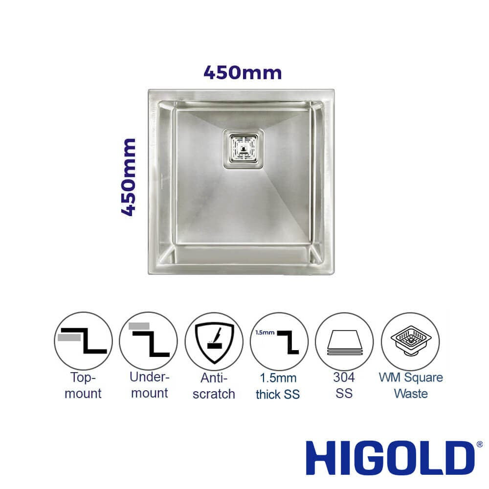Vanté Single Square Bowl Kitchen Sink - R10 Corner - SS 304 Stainless Steel - 450mm - Brushed Finish