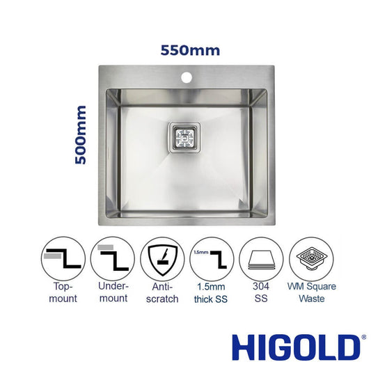 Vanté Single Bowl DEEP Kitchen Sink - R10 Corner - SS 304 Stainless Steel - 550mm - Brushed Finish