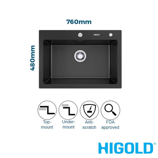 760mm Black Single Bowl Kitchen Sink - Granite