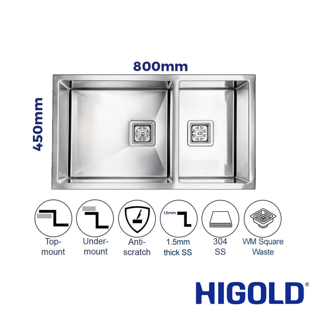 Vanté Double Bowl Kitchen Sink - R10 Corner - SS 304 Stainless Steel - 800mm - Brushed Finish