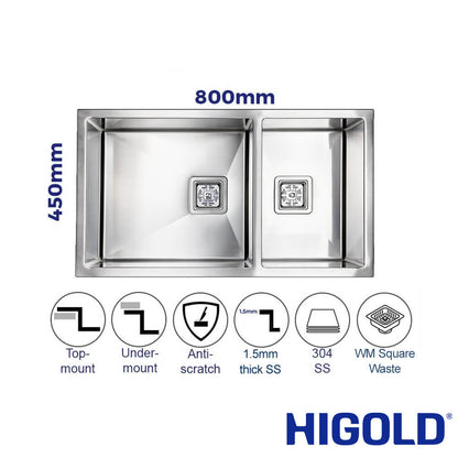 Vanté Double Bowl Kitchen Sink - R10 Corner - SS 304 Stainless Steel - 800mm - Brushed Finish