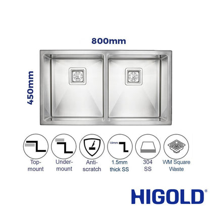 Vanté Twin Bowl Kitchen Sink - R10 Corner - SS 304 Stainless Steel - 800mm - Brushed Finish