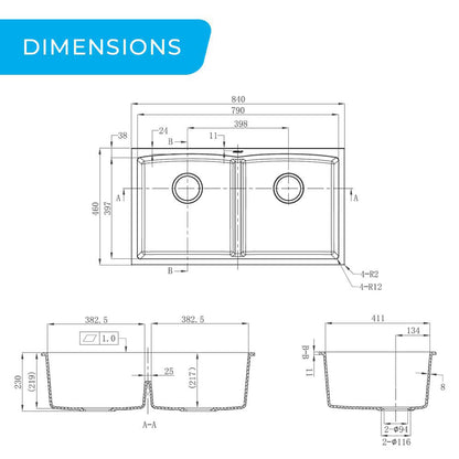 840mm Black Double Bowl Kitchen Sink - Granite
