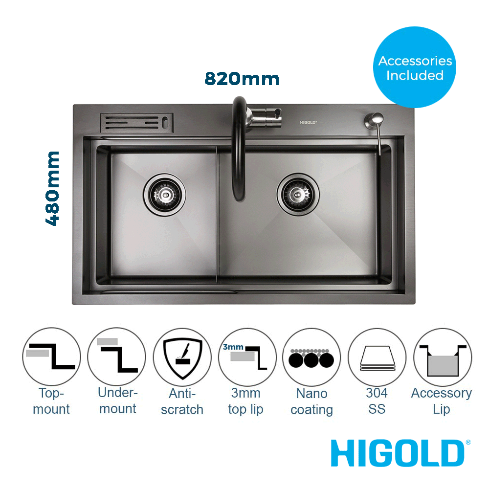 820mm Gun Metal Belle Luxe 1.0 Double Bowl Workstation Kitchen Sink - Slide Lip - Nano Coated 3mm Thick Stainless Steel Panel - Anti-Scratch