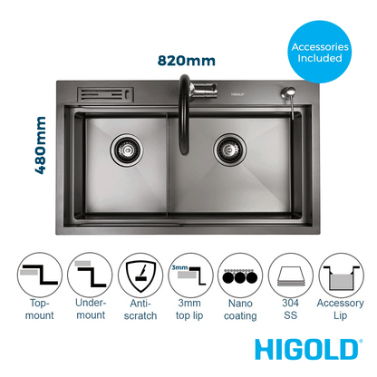 820mm Gun Metal Belle Luxe 1.0 Double Bowl Workstation Kitchen Sink - Slide Lip - Nano Coated 3mm Thick Stainless Steel Panel - Anti-Scratch