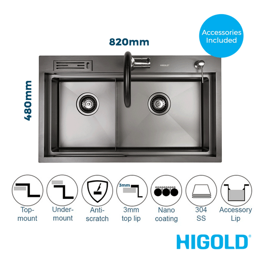 820mm Gun Metal Belle Luxe 1.0 Double Bowl Workstation Kitchen Sink - Slide Lip - Nano Coated 3mm Thick Stainless Steel Panel - Anti-Scratch