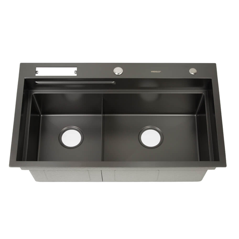 820mm Gun Metal Belle Luxe 1.0 Double Bowl Workstation Kitchen Sink - Slide Lip - Nano Coated 3mm Thick Stainless Steel Panel - Anti-Scratch
