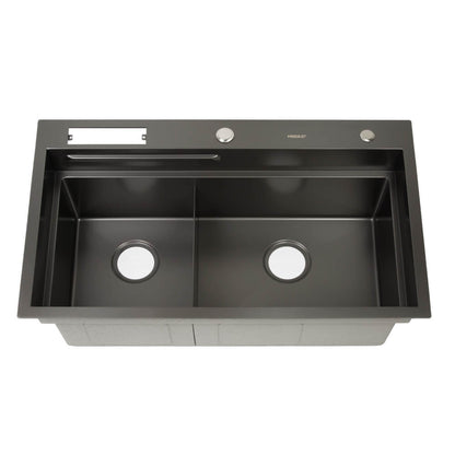 820mm Gun Metal Belle Luxe 1.0 Double Bowl Workstation Kitchen Sink - Slide Lip - Nano Coated 3mm Thick Stainless Steel Panel - Anti-Scratch