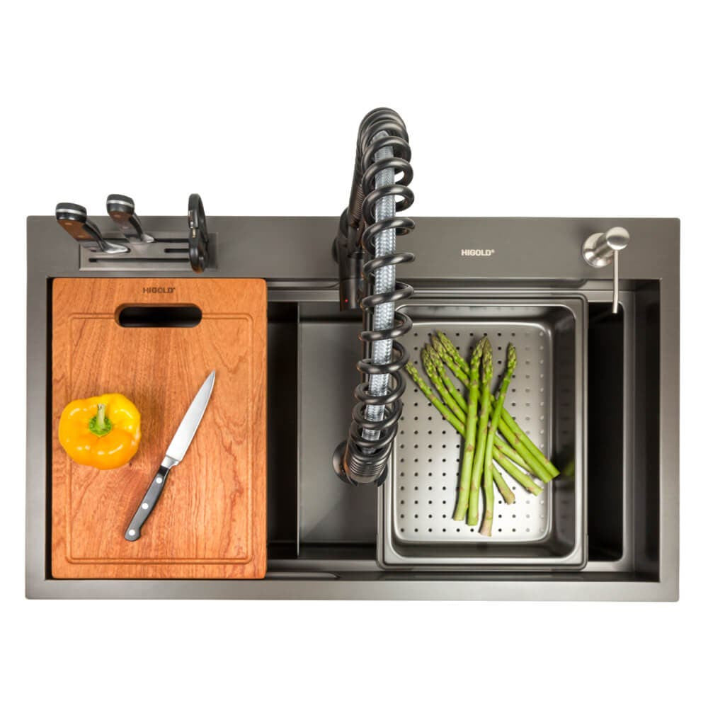 820mm Gun Metal Belle Luxe 1.0 Double Bowl Workstation Kitchen Sink - Slide Lip - Nano Coated 3mm Thick Stainless Steel Panel - Anti-Scratch