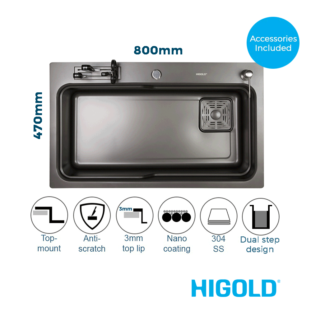 800mm Gun Metal Belle Luxe 2.0 Single Bowl Workstation Kitchen Sink - Dual Step - Nano Coated Stainless Steel Panel - Anti-Scratch