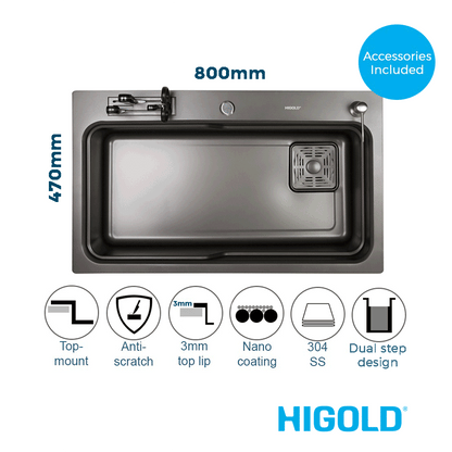 800mm Gun Metal Belle Luxe 2.0 Single Bowl Workstation Kitchen Sink - Dual Step - Nano Coated Stainless Steel Panel - Anti-Scratch
