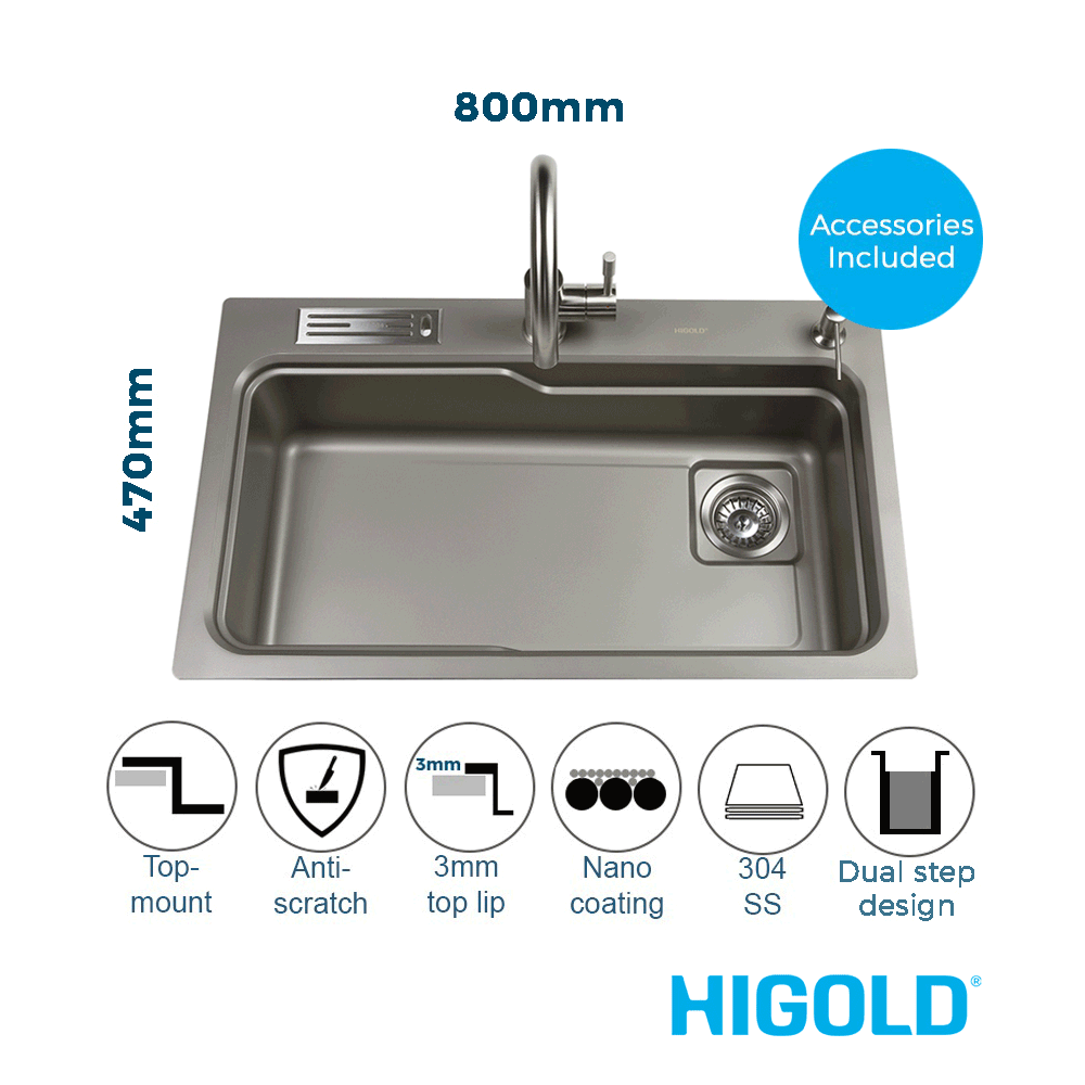 800mm Gun Metal Belle Luxe 2.0 Single Bowl Workstation Kitchen Sink - Dual Step - Nano Coated Stainless Steel Panel - Anti-Scratch