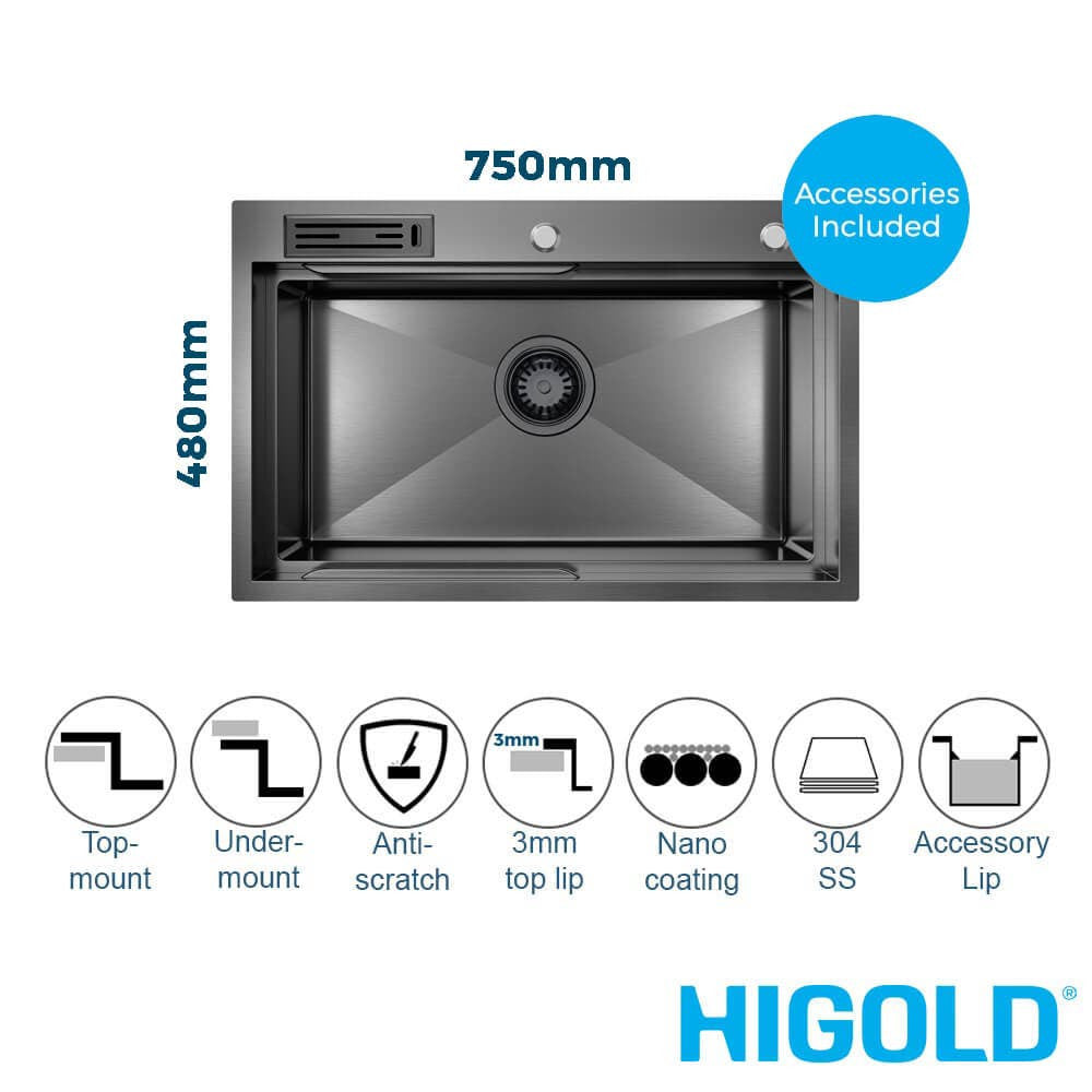 750mm Gun Metal Belle Luxe 1.0 Single Bowl Workstation Kitchen Sink - Slide Lip - Nano Coated 3mm Thick Stainless Steel Panel - Anti-Scratch