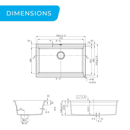 760mm Black Single Bowl Workstation Kitchen Sink with Steps - Granite